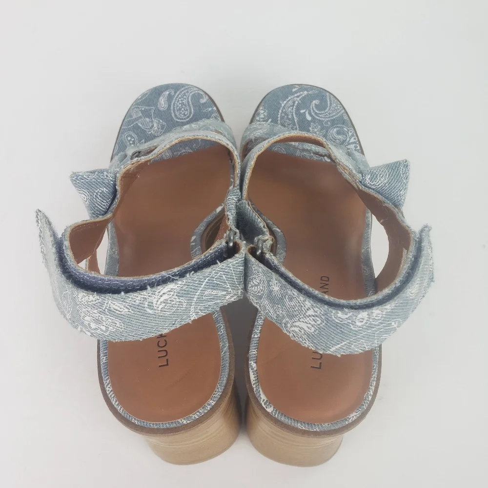 Lucky Brand Demmia wedge platform wood sandal shoe strappy printed denim new 9